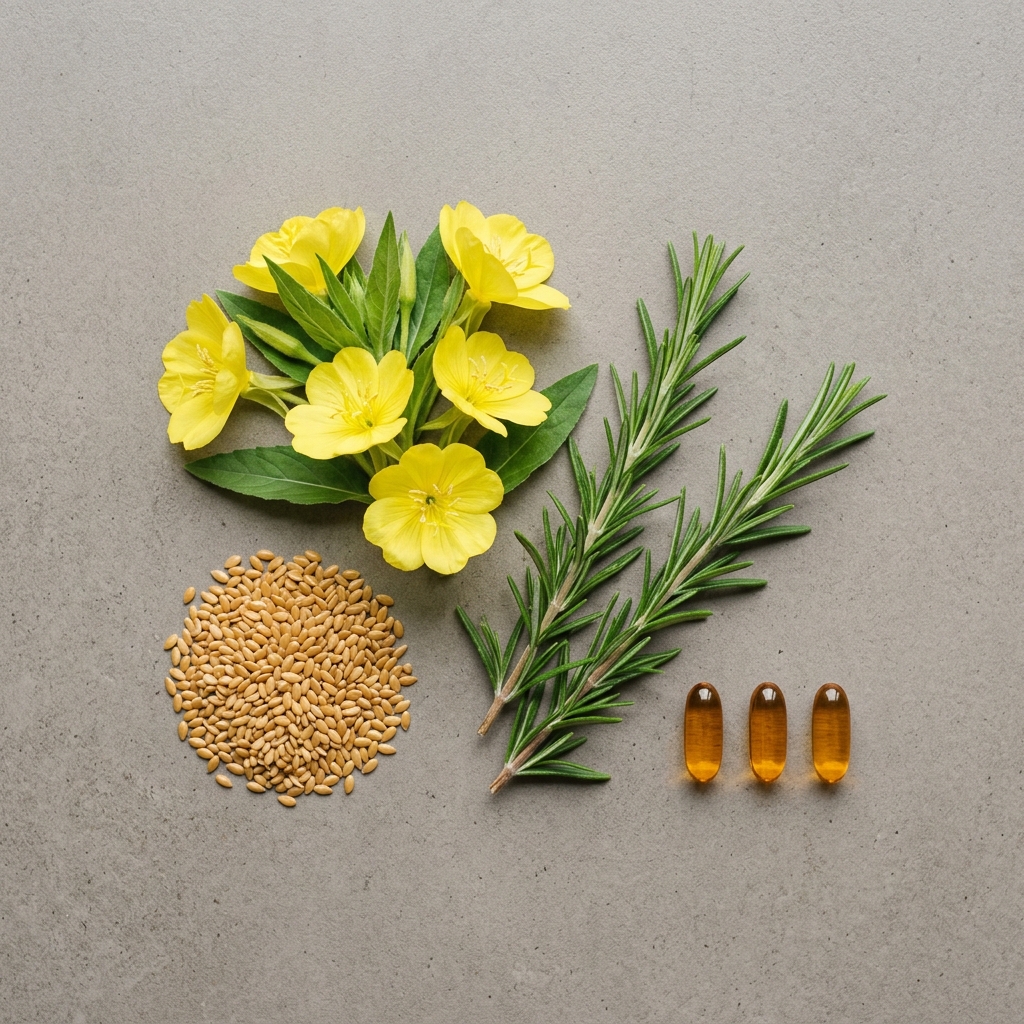 Flores de onagra, semillas de lino y ramas de romero