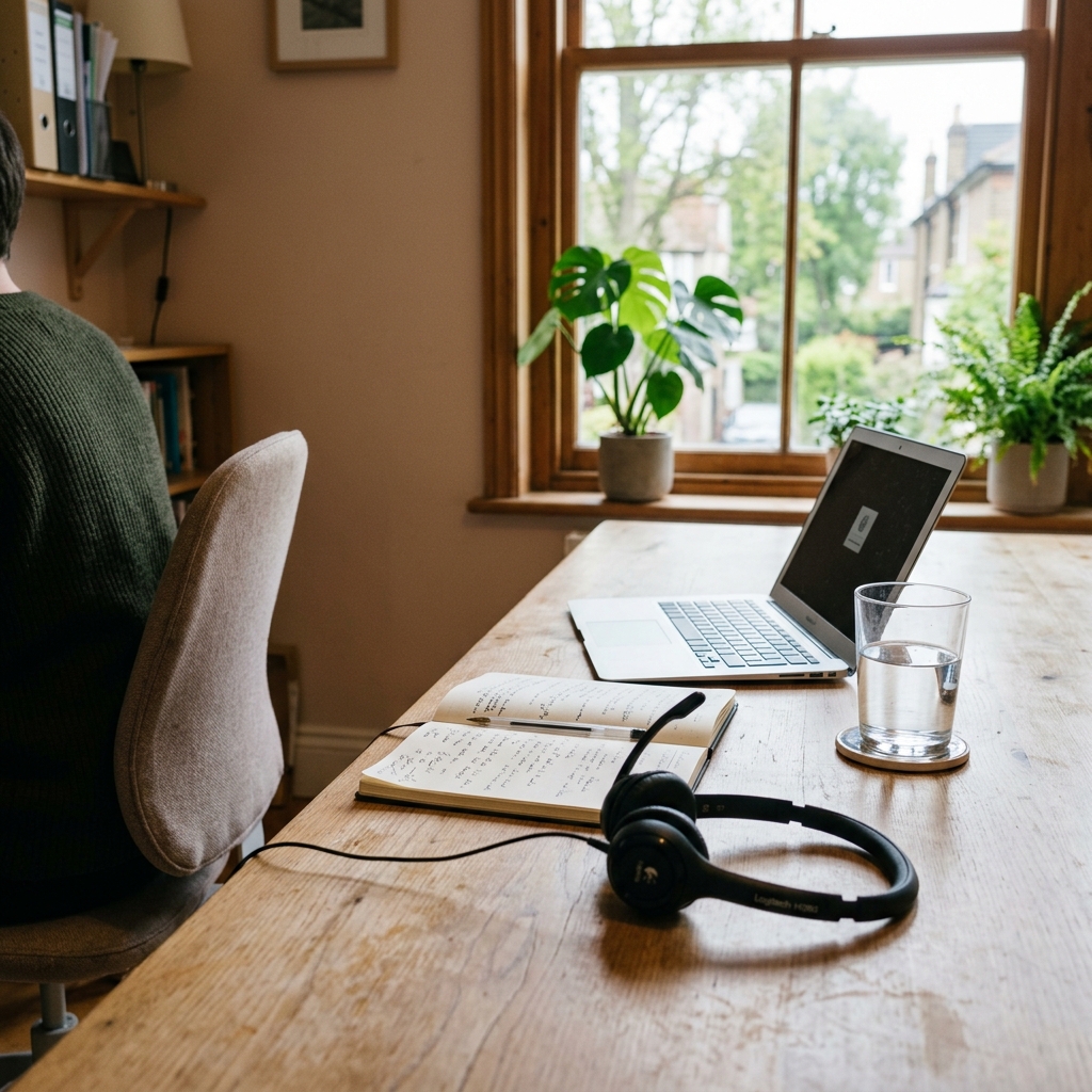 Puesto de atención al cliente con auriculares y cuaderno